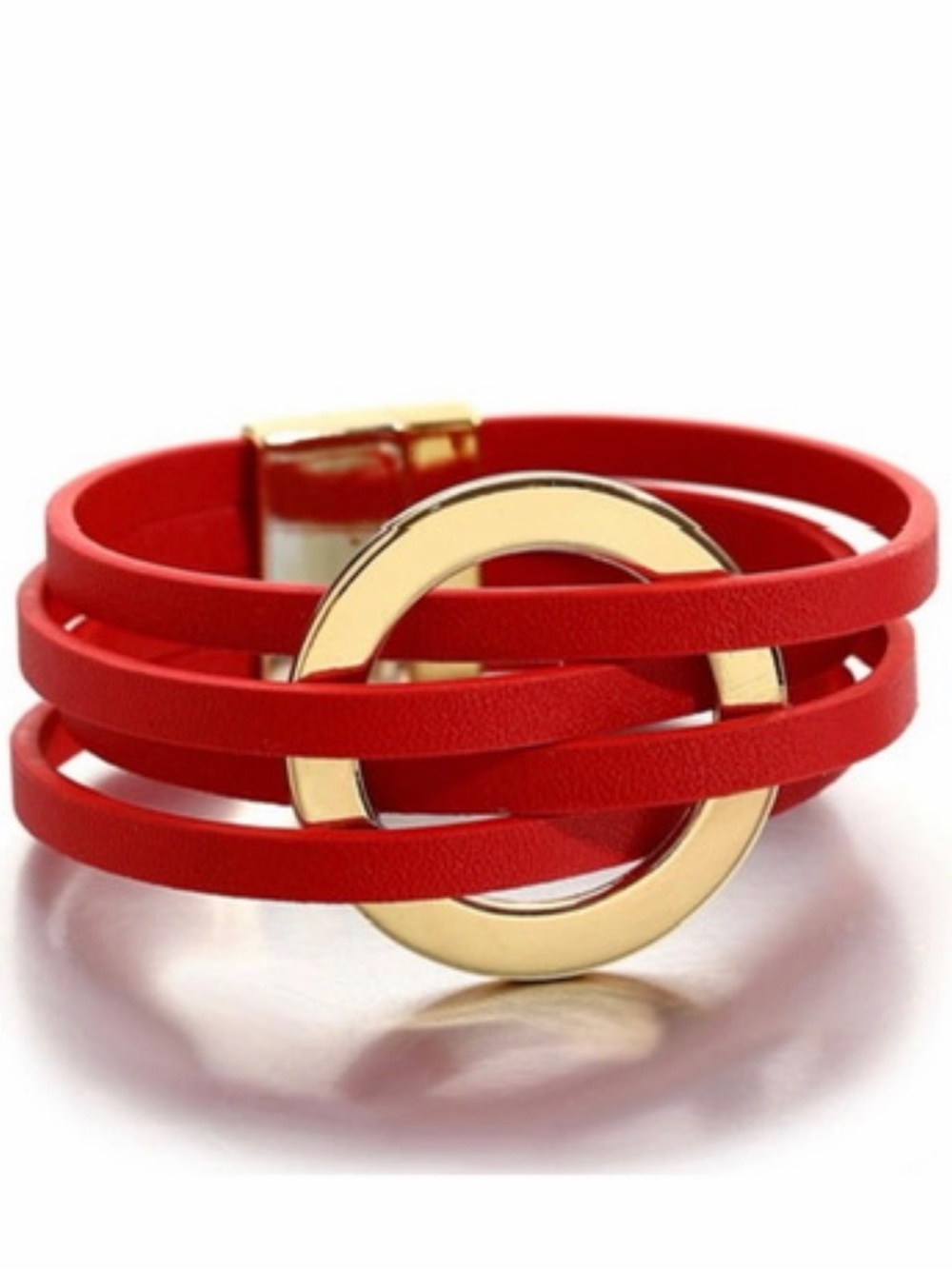 Red Faux-Leather Multi-Strand Bracelet with Gold Ring